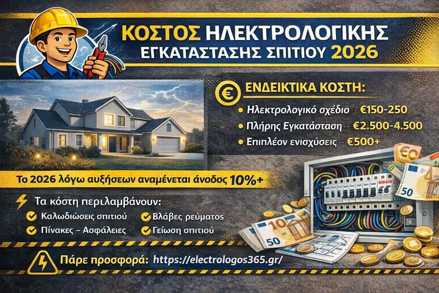 Κόστος Ηλεκτρολογικής Εγκατάστασης Σπιτιού 2026 αναλυτικά