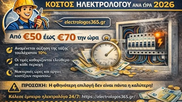 Κόστος ηλεκτρολόγου ανά ώρα 2026: αναλυτικές τιμές