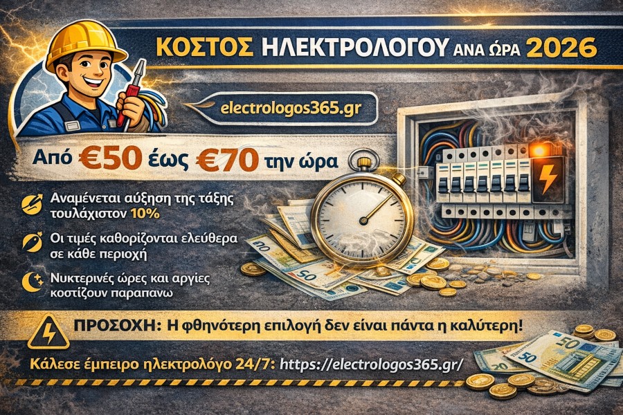 Κόστος ηλεκτρολόγου ανά ώρα 2026: αναλυτικές τιμές