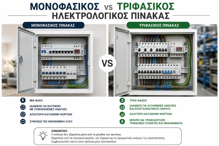 Μονοφασικός ή Τριφασικός Ηλεκτρολογικός Πίνακας: Διαφορές, Τιμές και Τι να Επιλέξετε