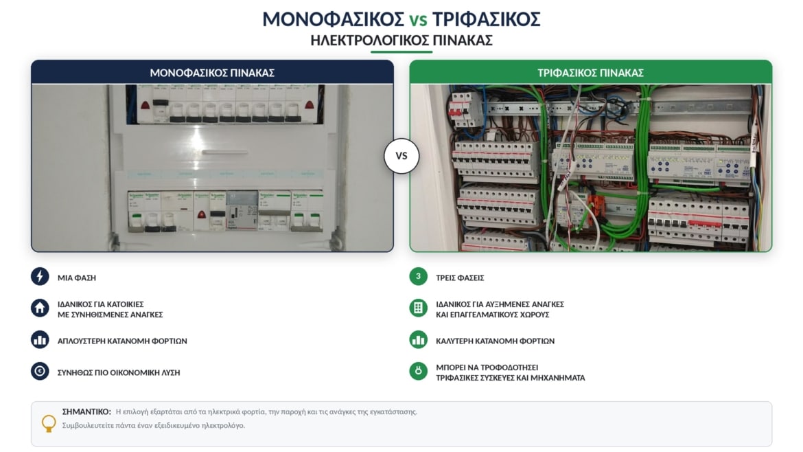 Μονοφασικός ή Τριφασικός Ηλεκτρολογικός Πίνακας: Διαφορές, Τιμές και Τι να Επιλέξετε